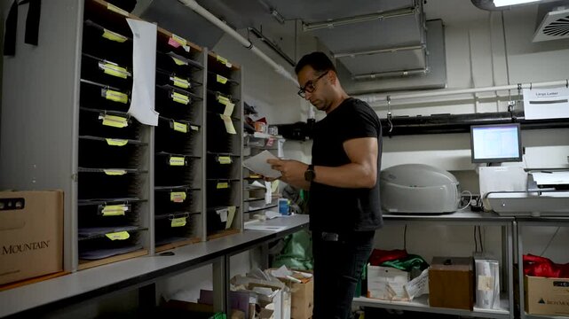 European male with an athletic build sorting mail in a post room. The man is wearing glasses and focusing on documents.