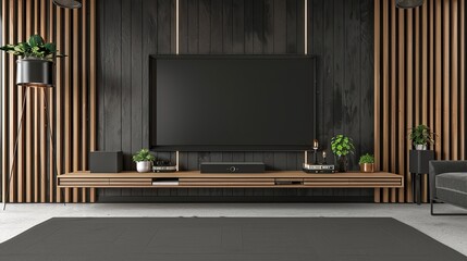 Modern living room with a sleek TV mounted on a wooden panel wall, paired with contemporary furniture and green potted plants.