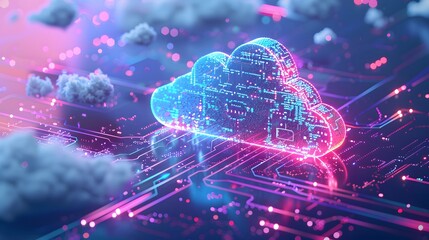 Futuristic digital cloud technology concept with virtual data and neon colors overlaying a circuit board. Abstract network computing imagery.