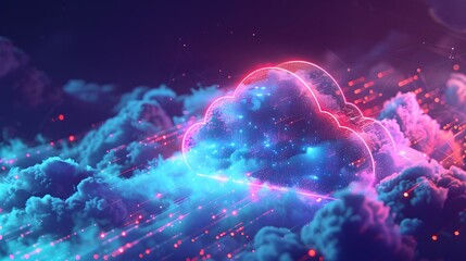 Obraz premium Futuristic digital cloud with neon blue and pink lights, representing data storage and cloud computing technology in a virtual space.