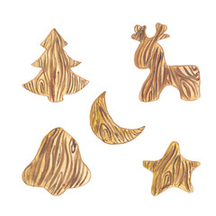 Fototapeta premium wooden toy month deer star bell fir tree brown color christmas set watercolor illustration isolated on white background hygge cozy crafts base for card design textile tableware stickers