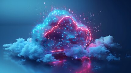 Obraz premium Futuristic digital cloud with neon lights and cyber particles, representing advanced technology and data storage in a virtual environment.