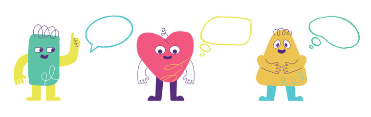 A set of bright children's playful characters with doodle bubbles. Vector design elements.