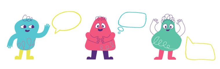 A set of vivid children's naive characters with doodle bubbles. Vector playful design elements.