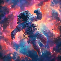 Intergalactic Adventure: Bear Astronaut Floating in Colorful Nebula Space Exploration.