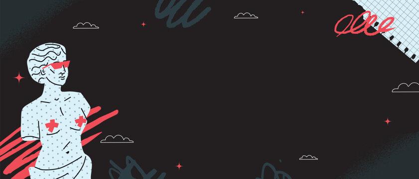 A black and white eccentric banner with a figure of Venus with strokes of red paint. Vector design template.
