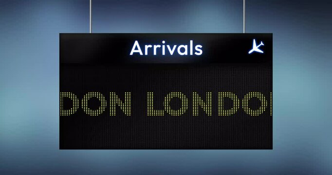 London flight arrival board with animation loop on screen