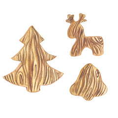 Fototapeta premium wooden toy deer bell fir tree brown color christmas set watercolor illustration isolated on white background hygge cozy crafts base for card design textile tableware stickers
