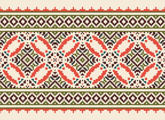 Ikat Embroidery Oriental Pixel Pattern Cream Background. Abstract,vector,illustration. Texture,cross Stitch,scarf,decoration,motifs,wallpaper.