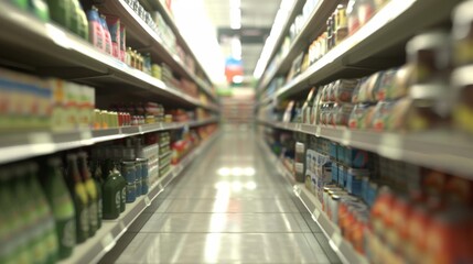 Fototapeta premium Vivid image featuring fully stocked supermarket and department store shelves, showcasing a variety of products for shoppers