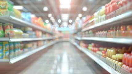 Vivid image featuring fully stocked supermarket and department store shelves, showcasing a variety of products for shoppers