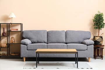Stylish living room with black sofa, shelving unit and houseplants near beige wall