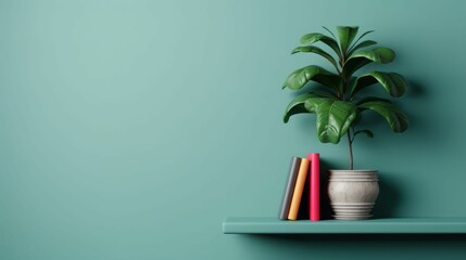 Fototapeta premium Green Wall Shelf With Plant And Books.