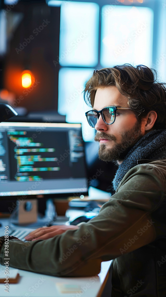 Poster focused male programmer working on computer in modern office with code on screen during evening - so