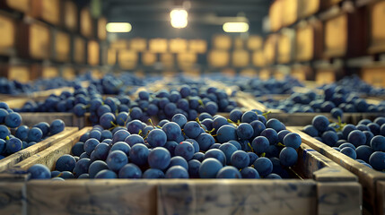 Fototapeta premium Blue grapes harvested in wooden boxes in a warehouse. Natural organic fruit abundance. Healthy and natural food storing and shipping concept.