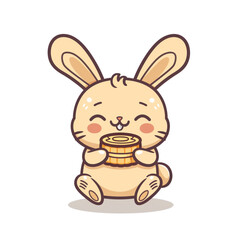 Obraz premium A cute rabbit holding mooncakes in a simple style. This vector illustration features a flat design with a white background