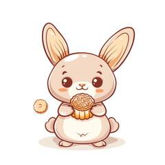 A cute rabbit holding mooncakes in a simple style. This vector illustration features a flat design with a white background