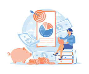 Women manage personal finances. Save money to achieve business targets. Financial literacy concept. Flat vector illustration.