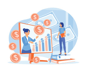 Young woman taking online education. Learn how to manage finances. Financial literacy concept. Flat vector illustration.