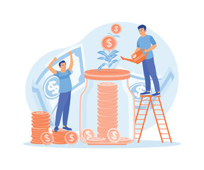 People keep money in jars. Maintain financial condition for the future. Financial literacy concept. Flat vector illustration.
