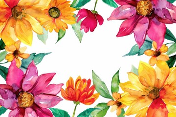 Fototapeta premium Creative watercolor frame of mixed berries and colorful flowers with a central open space for text