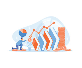 Financial and business education. Businessman analyzing and developing financial graphs. Financial literacy concept. Flat vector illustration.