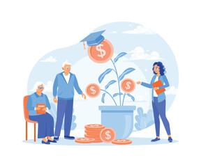 Elderly couple invests retirement money. Planning finances for the future. Financial literacy concept. Flat vector illustration.