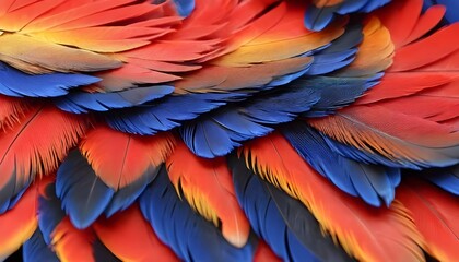 Obraz premium red blue and yellow macaw parrot bird feathers close up