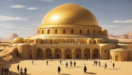 Naklejka premium the Hagia Sophia mosque in Istanbul, Turkey, with six tall minarets, a large central dome, and a sunset sky.