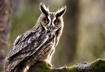 Fototapeta premium Long-eared owl Asio otus bird young northern long-eared owl feather dusty fluff wild nature lesser horned cat, beautiful animal, lovely magical animal, bird watching ornithology, fauna wildlife sweet