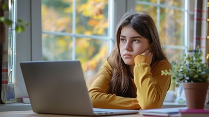 Fototapeta premium Young student girl sit at table with textbooks and laptop staring aside, studying alone in library, looks pensive and thoughtful search solution, prepare for exam, makes task feels confused or puzzled