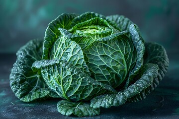 Obraz premium Fresh Green Cabbage with Water Droplets - Perfect for Healthy Recipes, Food Blogs, and Culinary Designs