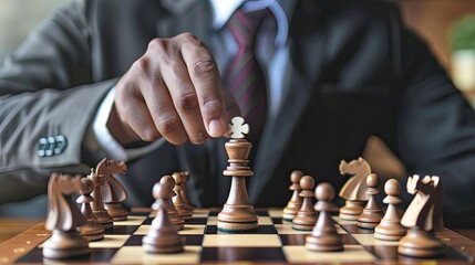 Business leader makes strategic decisions to drive sales. Man in business suit, chess, looking for opportunity, tactics, thinking through, analysis, acting in advance. Generative by AI