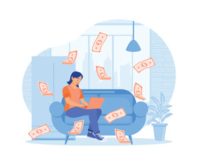 Woman working on laptop from home. Money falls from the computer. Earn money concept. Flat vector illustration.