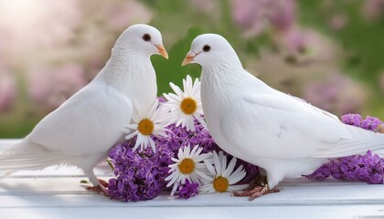 Fototapeta premium Rustic Elegance: Pigeons and Lilac Daisies on Vintage White Wood