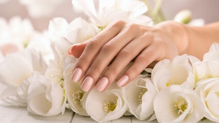 Fototapeta premium A woman's hands with manicured nails are surrounded by white flowers, AI