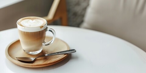 Cafe latte macchiato layered coffee in a see through coffee cup. Wooden tray with milk coffee in a transparent trendy glass mug, spoon on a white desk. Hot cappuccino coffee on table. Space for text