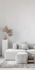 Minimalist living room interiors with minimal furniture, neutral lighting and colors. Residential Real Estate interiors designer composition with copy space.