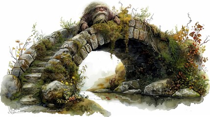 A whimsical troll rests atop an ancient stone bridge over a serene river, surrounded by lush greenery and wildflowers.