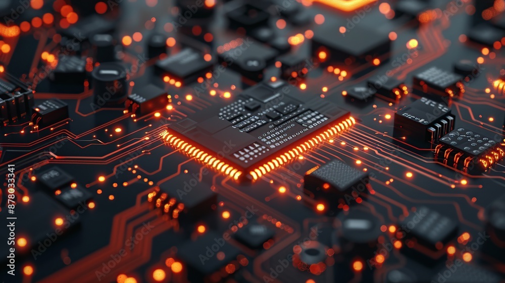 Poster Glowing Microchip with Intricate Circuitry and Electronic Components