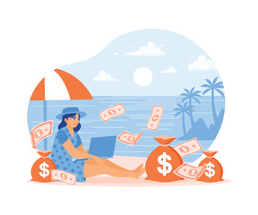 Freelancers work from anywhere. Woman relaxing on the beach and money coming out of laptop. Passive income concept. Flat vector illustration.