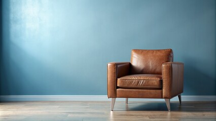 Contemporary brown leather armchair sits isolated against soft light blue wall in sleek minimalist interior design backdrop scene.