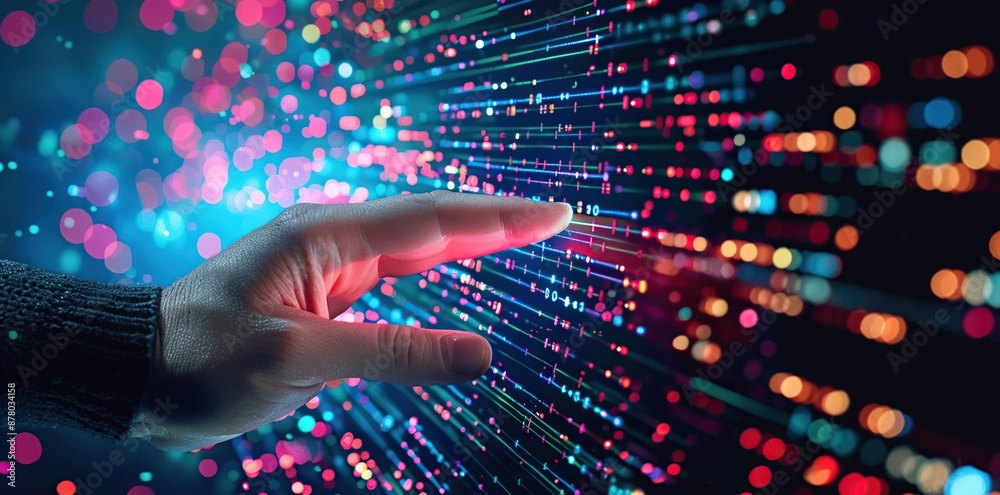 Poster Glowing hand touching a digital screen with binary code and colorful lights in the background.