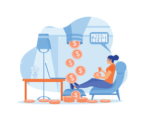 Women work at home at night. Additional income from the Internet. Passive income concept. Flat vector illustration.