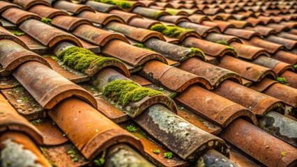 Weathered clay tiles with subtle moss growth and rusty metal accents on a traditional European-style residential rooftop.