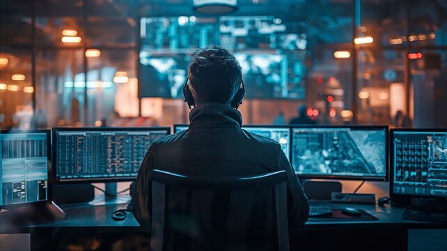 Using a tracking system, a military surveillance officer oversees communications between the army and national security from a central office centre.