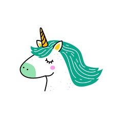 Cute unicorn head illustration with mane and horn