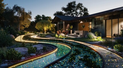 Obraz premium ranch house with a detailed garden path made of recycled glass and embedded LED lights for a twinkling effect at night