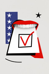 Vertical creative collage picture woman mouth caricature psychedelic face fragment checkbox election choice tick done selected candidate