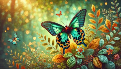 Fototapeta premium A vibrant Ornithoptera euphorion butterfly with detailed patterns and realistic texture